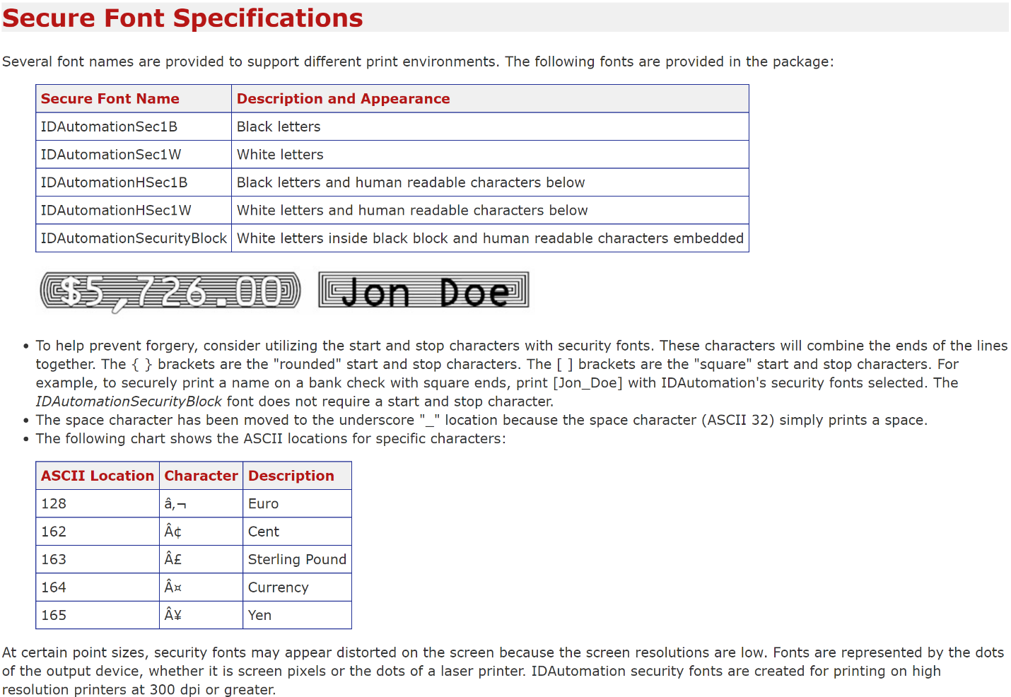 Check Security Font Specifications