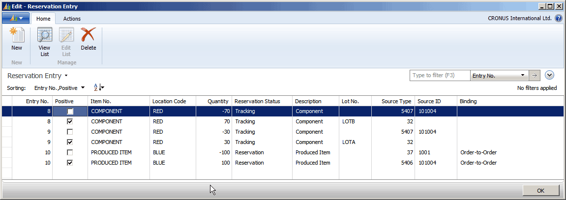 First example of order tracking entries in Reservation Entry table