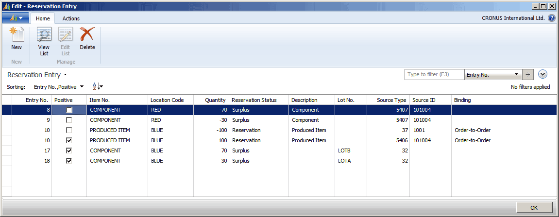 Third example of order tracking entries in Reservation Entry table