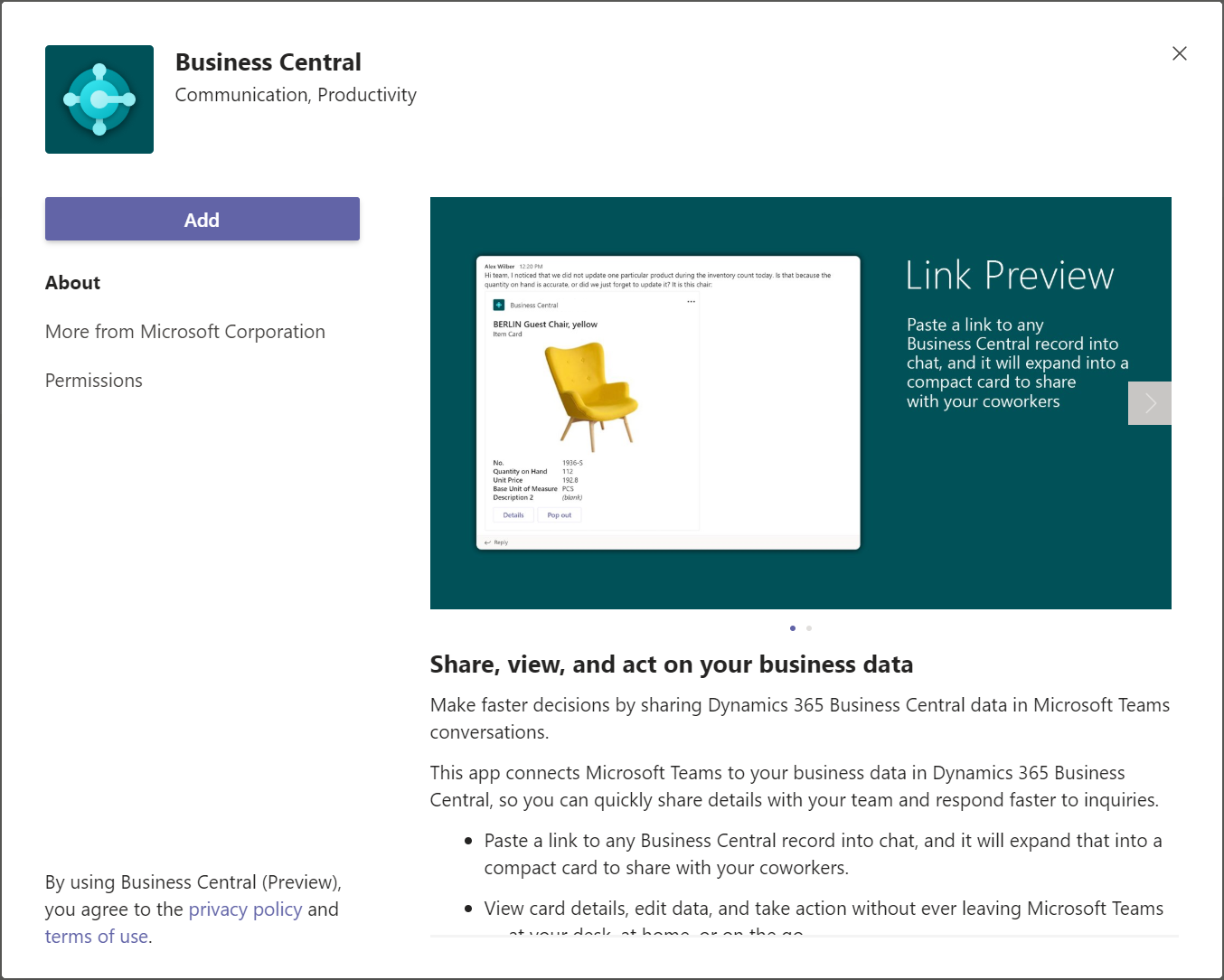 Install Business Central app in Teams